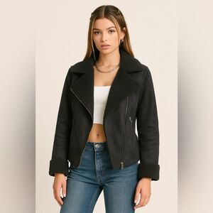 Faux Shearling Teddy Moto Jacket Black Zip Up Biker Style Women’s Sz 6 Cotton On